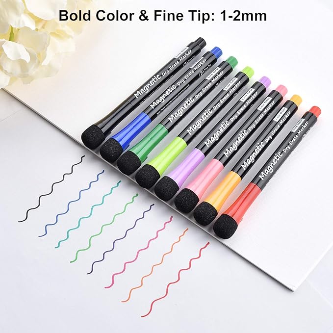 Magnetic Dry Erase Markers, Fine Tip Low Odor Whiteboard Markers for Kids & School, Work On White board & Calendar, Refrigerator (16 Pack)