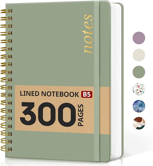 Lined Spiral Notebook Journal for Work, 300 Pages Thick B5 (7.1"x10") College Ruled Journal for Women & Writing, Hardcover Notebook for Note Taking, Perfect for Office Home School Supplies, Green