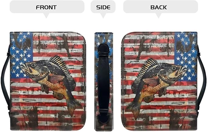 Lotusorchid Bass Fish Print Bible Cover Case, Zippered Bible Carrying Case for Women Girls, American Flag Bible Tote Bag Sturdy Bible Book Cover for Bible Study, Christian Bible Accessories, L
