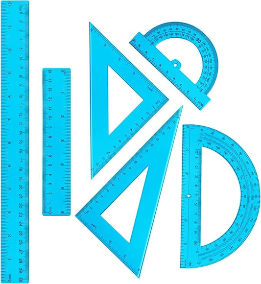 Tenare 6 Pcs Plastic Ruler Math Set Includes 12 Inch 6 Inch Straight Ruler Protractor Triangle Rulers Geometry Transparent Math Ruler Measuring Tools for School Office Home(Blue)