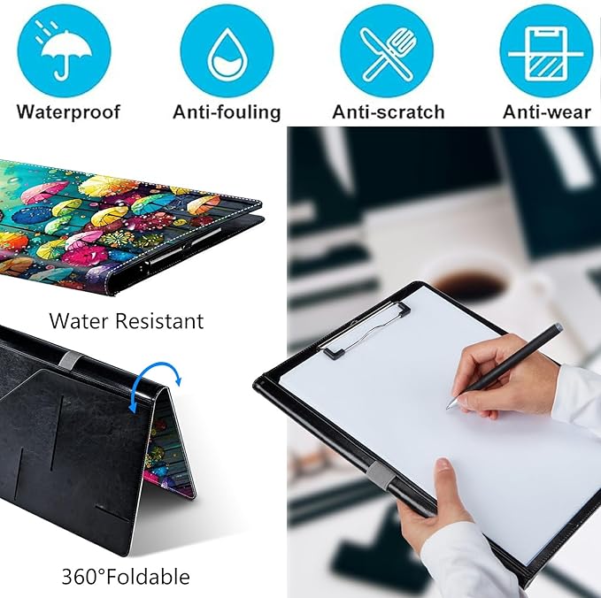 PU Leather Padfolio Clipboard Notepad with Pen Loop and Elastic Strap Interview/Resume Document Organizer for Business School Office,Colored Mushroom