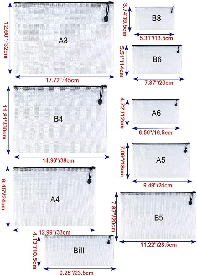 Oaimyy-A3(12.5"x 17.5"), Mesh Zipper Pouch Document Folders Bag Plastic Zip File Folders for School Office Supplies, Travel, Organizing Storage-Black,6 Pcs