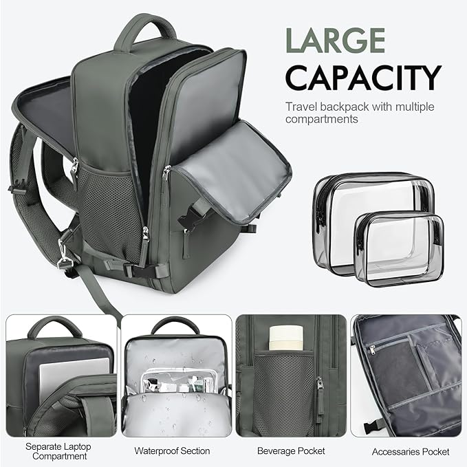 Travel Backpack For Women Men Flight Approved, Carry-on Backpack Bag Luggage, Personal Item Backpack Bag, Laptop Backpack Casual Daypack, Travel Essentials Must Haves, Olive-green