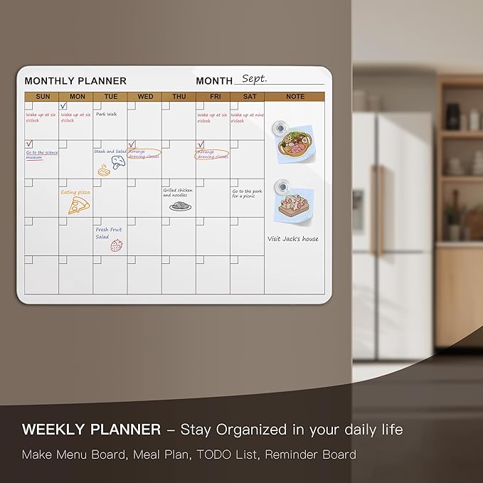 SELEAD Magnetic Glass Whiteboard Monthly Planner - 32”x24” Large Wall Calendar Dry Erase White Board, TODO Memo Bulletin Board for Home School Office - White&Gold