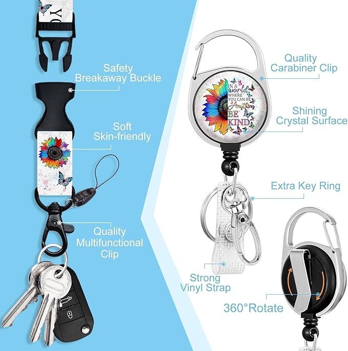 Lanyards for Id Badges, Positive Inspiration Be Kind Sunflower Badge Holder with Retractable Reel Clip, Work Name Tag Keychain Lanyard Vertical ID Card Protector for Women Nurse Doctor Teacher