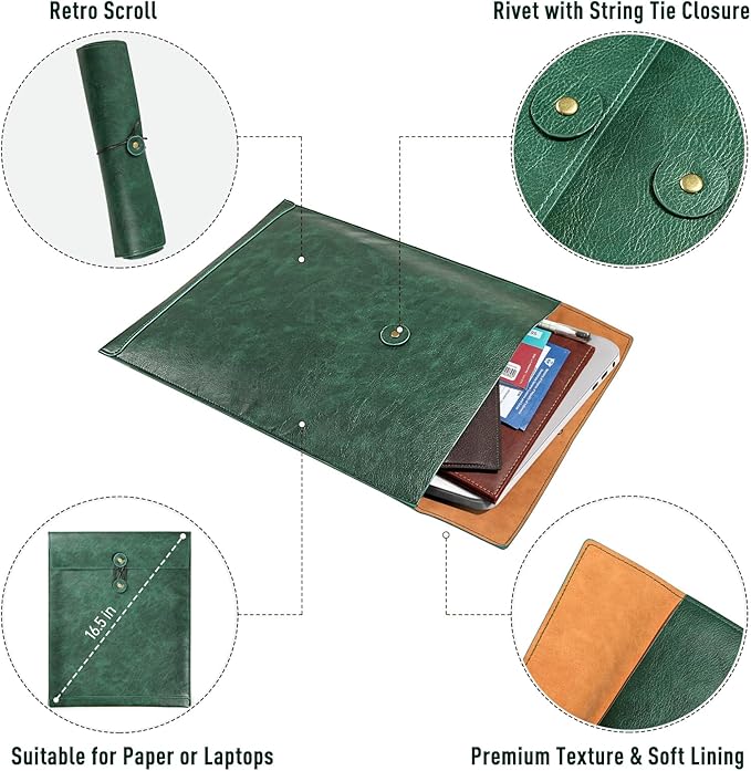 Bright Green A4 PU Leather File Folders for Documents,Important Private File Organizer with String Tie Closure,Laptop Sleeve Notebook Case,Leather Portfolio Binder Envelopes, Filing Folder 1PC