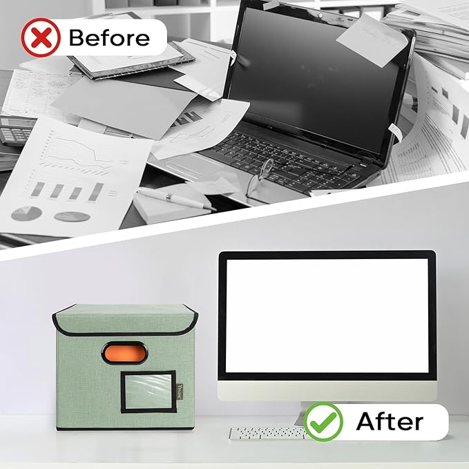 BALEINE File Organizer Box with Lid, Collapsible File Folder Organizer with Plastic Slide, Hanging File Folder Box for Office Document Storage (2 Pack, Green)