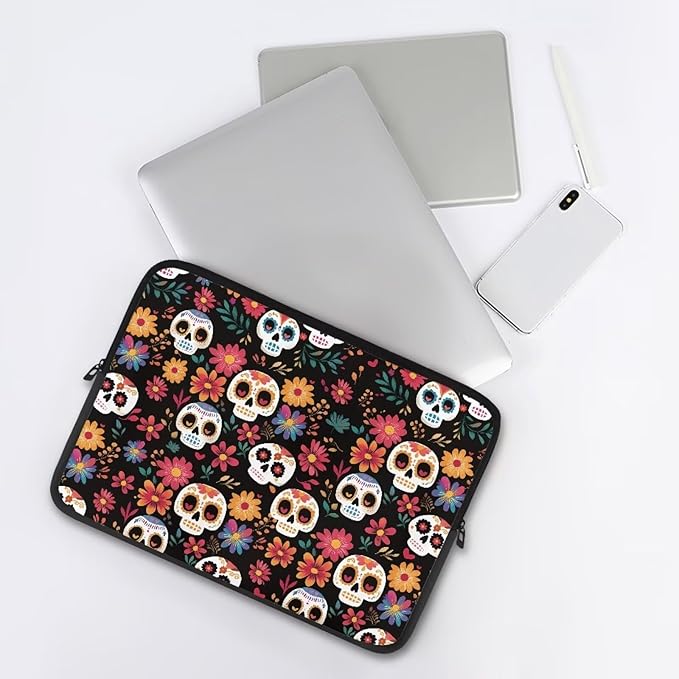 Skull Printed Computer Carrying Cover with Floral Print Laptop Case Bag Easy to Carry Computer Bag, 15 Inch Lightweight Laptop Briefcase Messenger Bag for Women