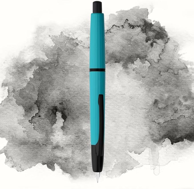 Majohn A2 Press Fountain Pen Extra Fine Nib with Box, Retractable Lake Blue Resin Ink Pen with Converter Writing Set (Black Clip Version）