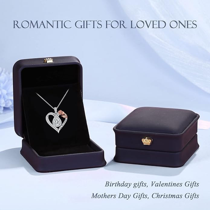 Hidepoo Christmas Gifts for Women Mom Wife - Sterling Silver Rose Heart Birthstone Necklace I Love You Forever Heart Pendant Teardrop Necklace Jewelry Anniversary Valentines Christmas Birthday Gifts