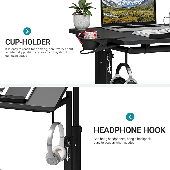 Klvied Mobile Standing Desk with Storage Bottom Shelf, Portable Stand Up Desk with Cup Holder, Adjustable Height Small Standing Desk, Rolling Desk with Wheels, Home Office Laptop Cart, Black