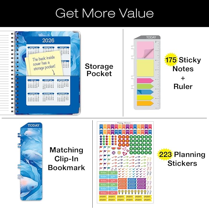 HARDCOVER 2025 Planner, 8.5"x11": 14 Months (November 2024 - December 2025), Daily Weekly Monthly Planner, Yearly Agenda, Bookmark, Pocket Folder and Sticky Note Set (Blue Koi)