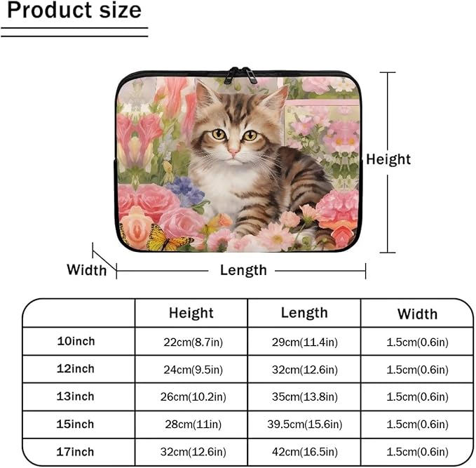 Cat Rose Printed Laptop Bag for Women Men, Lightweight Laptop Briefcase 10 Inch Shockproof Computer Carrying Cover with Zipper, Easy to Carry Laptop Case Bag for Daily Commuting