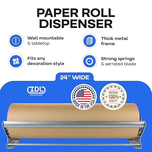 IDL Packaging 24" Kraft Paper Roll Dispenser & Cutter for Rolls up to 24" Wide and 9" in Diameter – Tabletop Reinforced Steel Paper Holder with a Cutter – for Kraft and Butcher Paper