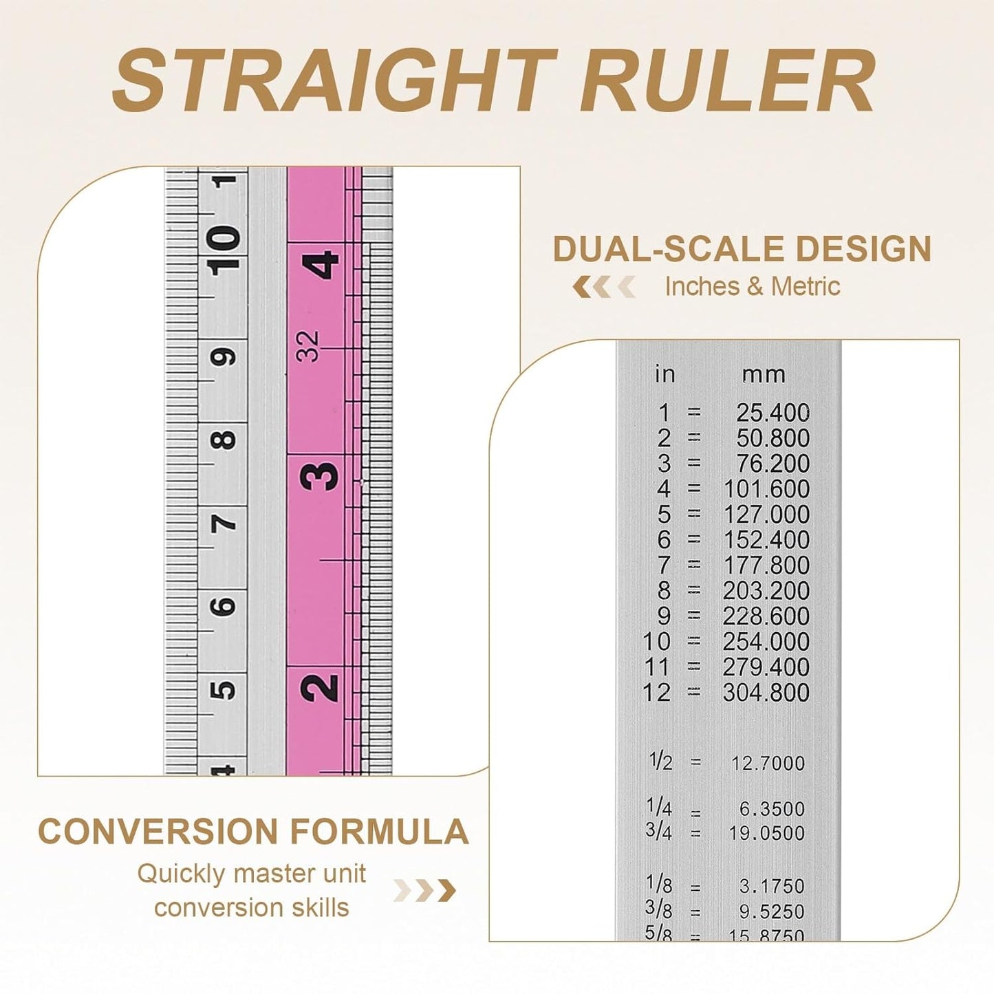 HARFINGTON 4pcs Metal Straight Ruler 20cm Metric SAE Aluminum Alloy Measuring Rulers Scale Tools with Hole for Measure Study Reading Classroom Office, Pink