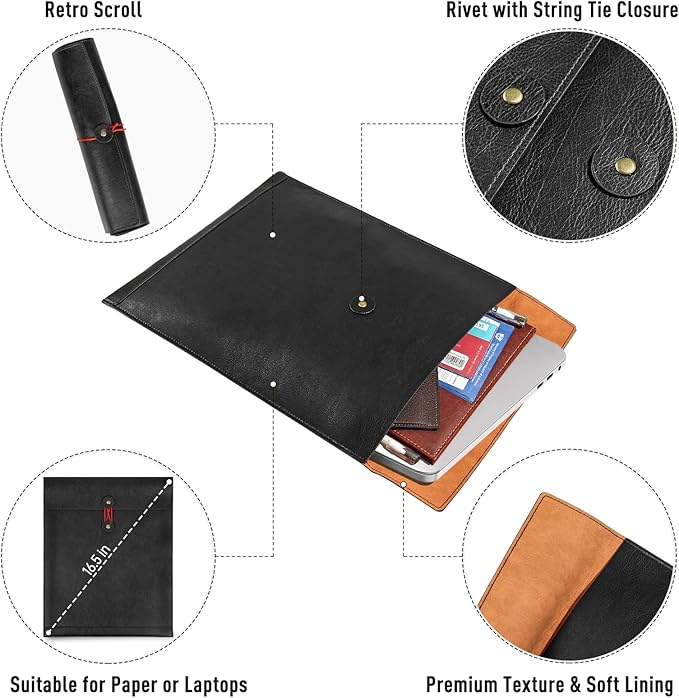Black A4 PU Leather File Folders for Documents,Important Private File Organizer with String Tie Closure,Laptop Sleeve Notebook Case,Leather Portfolio Binder Envelopes, Filing Folder 1PC