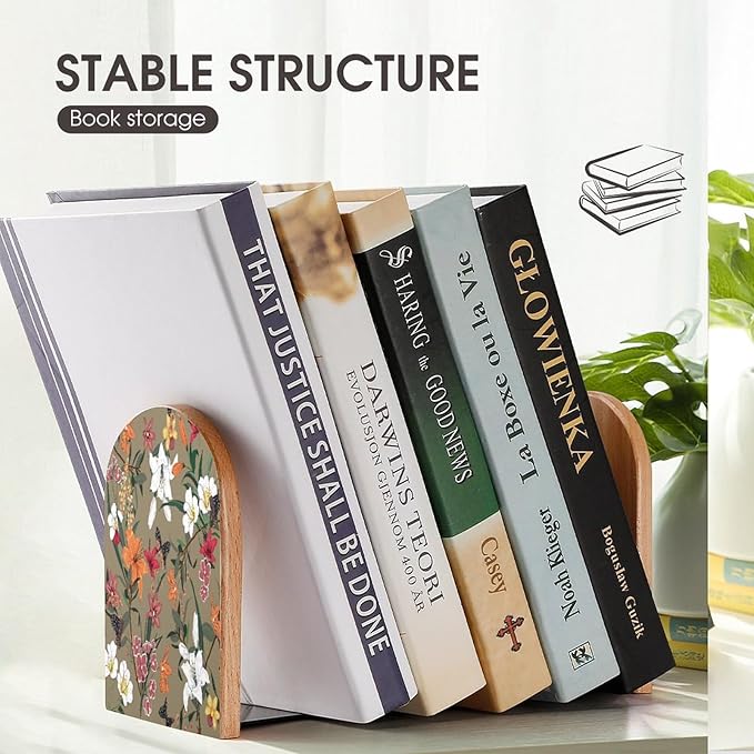 2 Pack Wood Bookends, Spring Floral Flowers Butterfly Non-Skid Book Ends for Heave Books, Decorative Bookends for Shelves Desk, Book Stoppers Book Holders for Home Office Library School