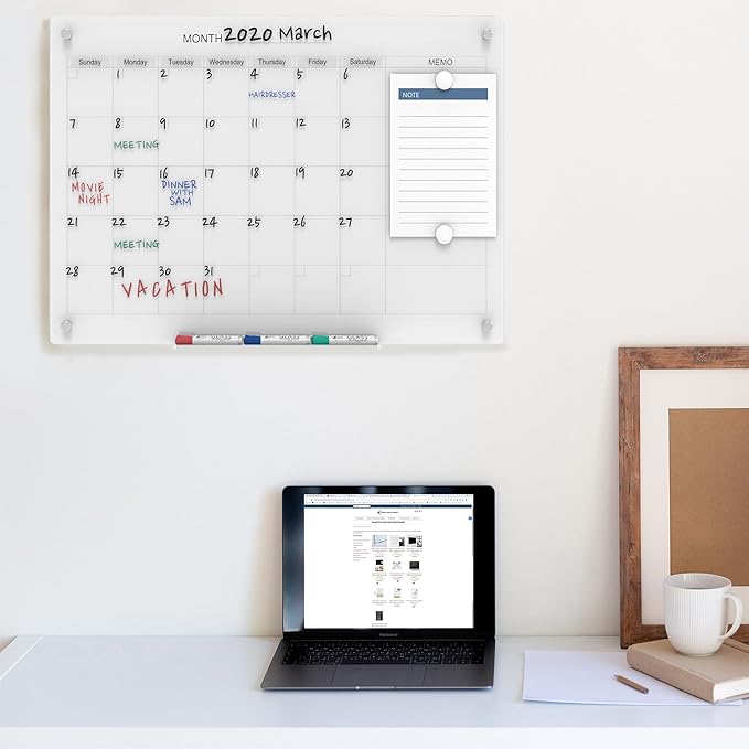 Audio-Visual Direct Magnetic Glass Dry Erase Board Set (4' x 3', Calendar Ultra White) for Wall - Monthly Planner