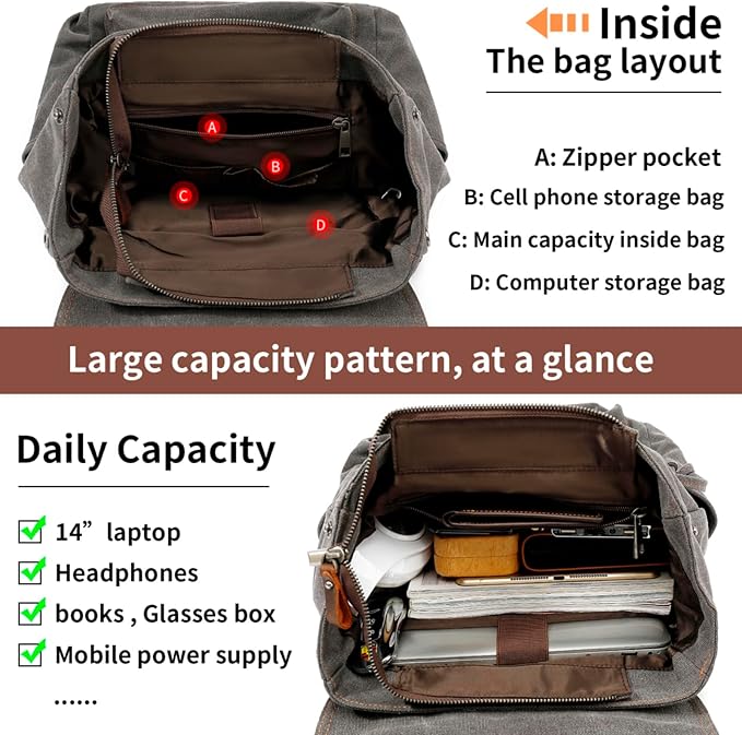 HuaChen Vintage Canvas Backpack, Mens Travel Leather Rucksack for Laptop Hiking Bag (M83_Grey)