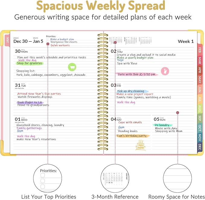 Forvencer 2025 Planner, Hardcover Weekly and Monthly Planner, January 2025 - December 2025, 8.5" x 11", Spiral Calendar Planner with Tabs, Exquisite Daily Organizer Notebook with Inner Pocket, Agenda Journal for Office Home School, A4 Size, Pink