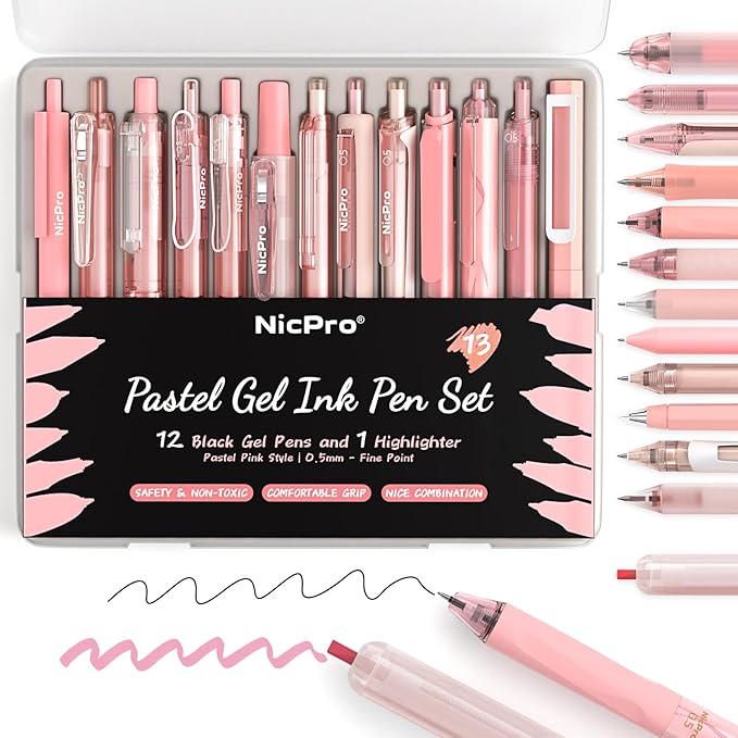 Nicpro 13Pack Pastel Gel Ink Pen Set with Case, Cute Retractable 0.5mm Fine Point Pen, 12 Pink Pens Black Ink with 1 Highlighter, Aesthetic Pens for Student Note Taking,Writing,Office Supplies (Pink)