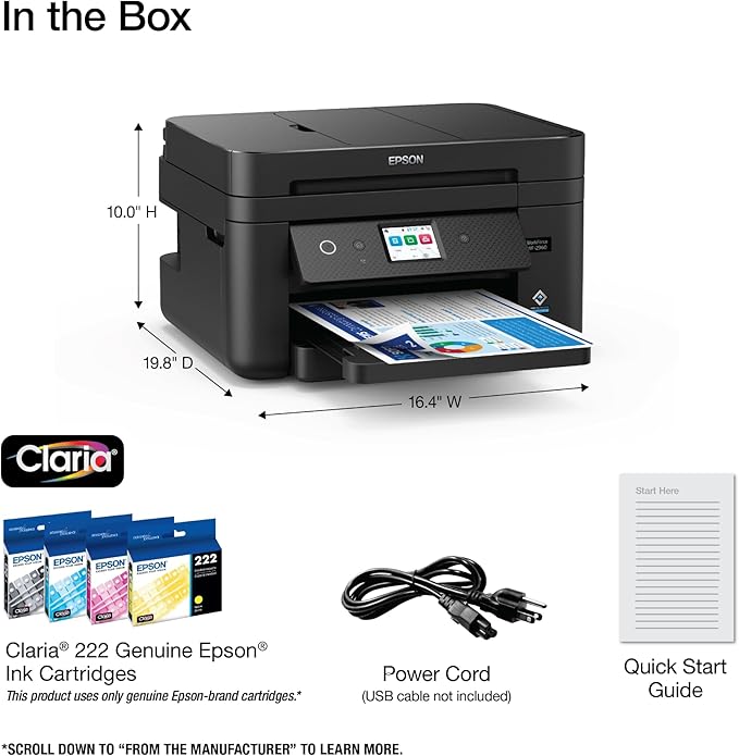 Epson Workforce WF-2960 Wireless All-in-One Printer with Scan, Copy, Fax, Auto Document Feeder, Automatic 2-Sided Printing, 2.4" Touchscreen Display, 150-Sheet Paper Tray and Ethernet,Black
