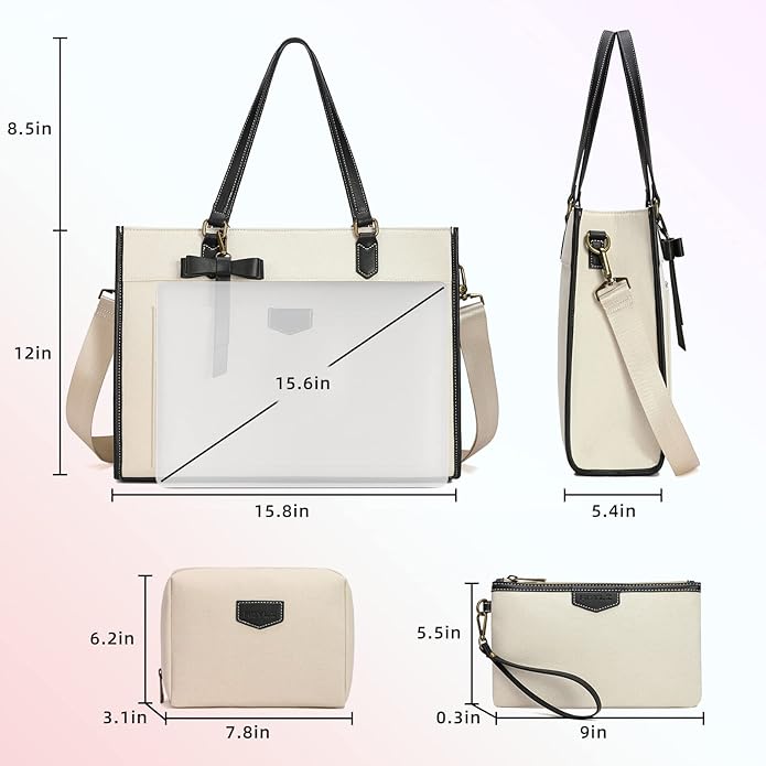 Keyli 3 PCS Laptop Bag for Women Canvas Tote Bags 15.6 inch Large Capacity Shoulder Handbag Lightweight Briefcase Purses