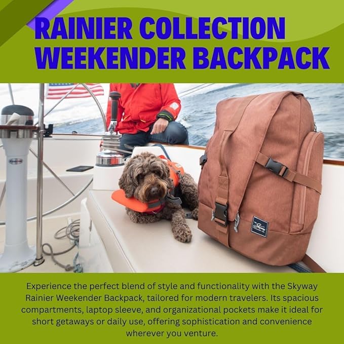 Skyway Luggage Rainier Weekender Backpack, Eco-Friendly, Made of 100% rPET Travel Laptop Bag for Women & Men, Flight Approved Carry On Bag, 43L, Olympic Green