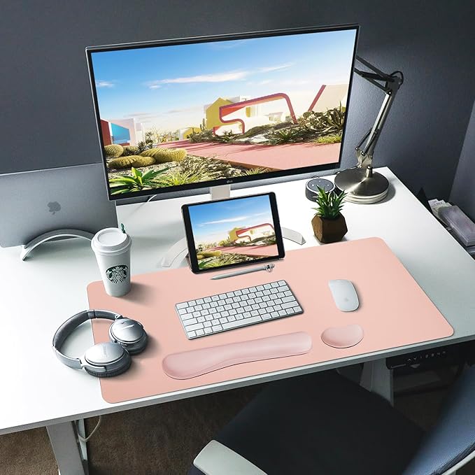 Bloss Leather Desk Pad and Keyboard Wrist Rest, Large Mouse Pad + Keyboard Pad+Mouse Wrist Support, Non-Slip Desk Mat Protector for Office, Home (35.4×15.7 Inches,Pink)