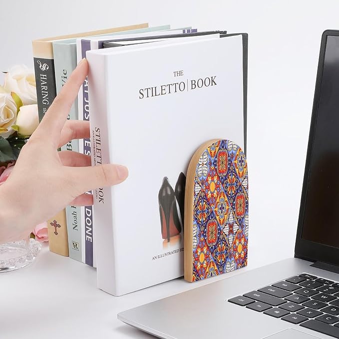 2 Pack Wood Bookends, Mexican Talavera Tile Mandala Non-Skid Book Ends for Heave Books, Decorative Bookends for Shelves Desk, Book Stoppers Book Holders for Home Office Library School