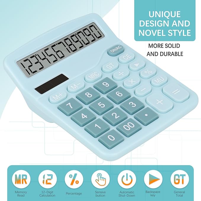 Office Desk Calculator,Cute Caculator with Dual Power Source,Basic Calculators Desktop with 12 Digit Large LCD Display Big Buttons Simple Financial Calculator for Office Home School(Blue)