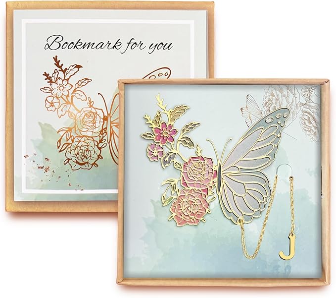 Metal Butterfly Bookmark for Women Cute Book Lovers Gift Butterfly Bookmarks Inital Book Mark Gifts for Reading Women Friend Teacher Appreciation Gifts Mom Birthday Valentines Day Christmas Gift, J