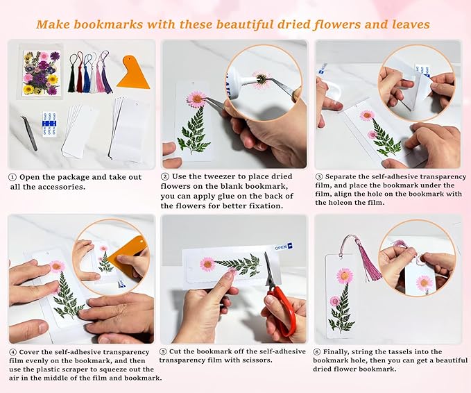 Cardstock Blank Bookmarks Set, 6 Pcs DIY White Craft Bookmarks for Pressed Flowers, Dried Flower Bookmark Making Kit with 22 Pcs Pressed Flowers, 6 Pcs Tassels, DIY Bookmarks for Dried Flowers