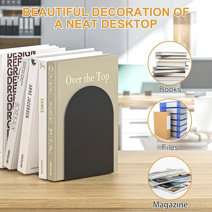 Bookends 2 Pairs, Metal Round Book Ends, Bookends for Shelves, Book Ends for Desk, Book End to Hold Books, Book Stopper, Black Bookend for Home Office