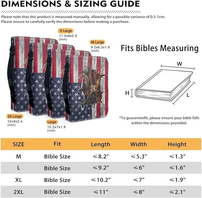 Lotusorchid Reindeer Bible Cover Case, Zippered Bible Carrying Case for Women Girls, Portable American Flag Bible Tote Bag Sturdy Bible Book Cover for Bible Study, Christian Bible Accessories,L
