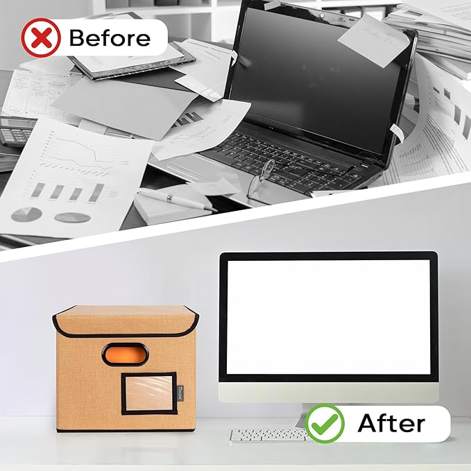BALEINE File Organizer Box with Lid, Collapsible File Folder Organizer with Plastic Slide, Hanging File Folder Box for Office Document Storage (2 Pack, Orange)