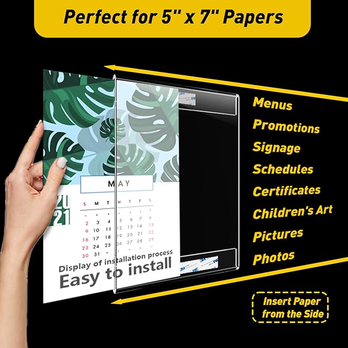 3 Pcs Acrylic Sign Holder 5 x 7, Vertical Wall Mount Sign Holders with 3M Adhesive, Clear Plastic Frames Paper Display Sign Holders for Office, Home, Store, Restaurant - No Drilling