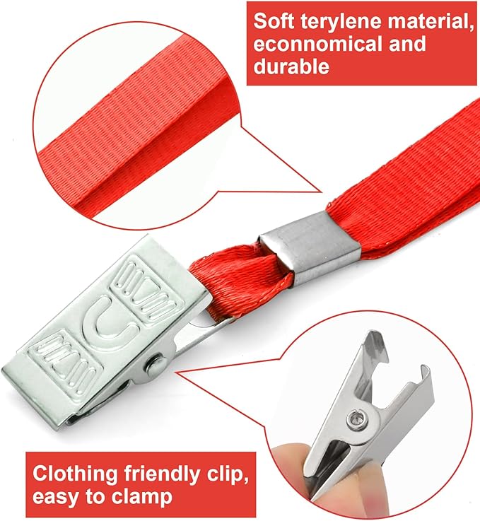 100 Pcs Lanyards for ID Badges and 100 Pcs Clear Name Tag Holders Reusable Lanyard with Clip Plastic ID Card Badge Holder Name Badges for Adults Kids Business School Office Supplies (Red)