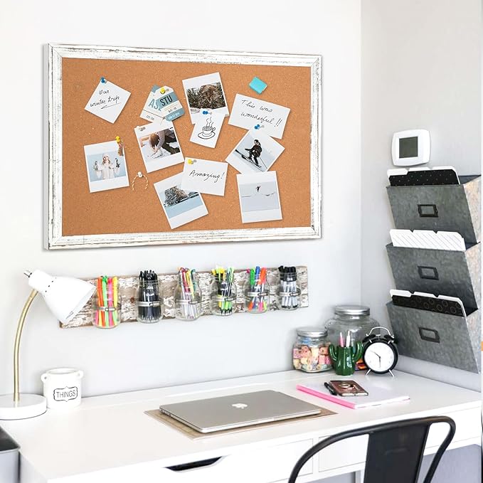 DOLLAR BOSS White Cork Board - 36 X 24 Inches, Rustic Wooden Frame, Decorative Vintage Hanging Pin Board for Office & Home Decor