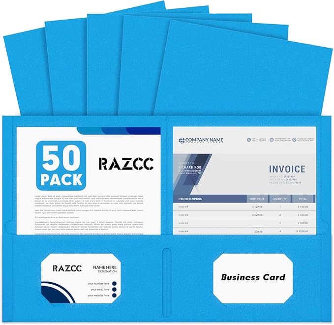 Two Pocket Folders, RAZCC 50 Pack 2 Pocket Folders Fit Letter Size Paper, Paper Folders with Pockets for School Office Business Home, Blue