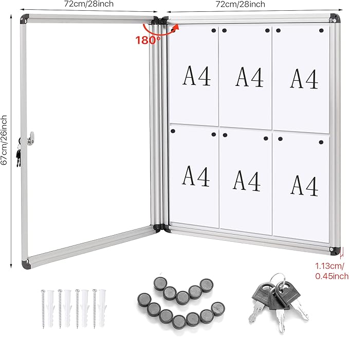 SWANCROWN Lockable Noticeboard White Bulletin Boards Magnetic Wall Mount Message Board with Glass Door and Keys 28x26inch(6xA4)
