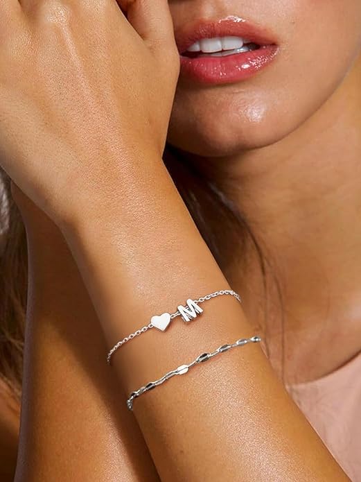 Silvora 925 Sterling Silver Dainty Initial Bracelet with Heart - 6.3" + 2" Adjustable Personalized 26 Letter Bracelet Jewelry Heart Bracelet for Women
