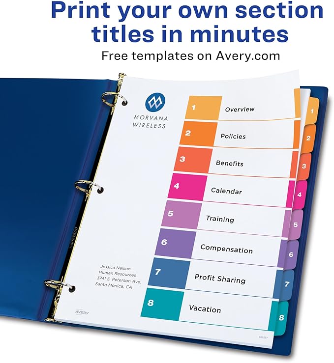 Avery 8 Tab Dividers for 3 Ring Binders, Customizable Table of Contents, Multicolor Tabs, 3 Sets (11071)
