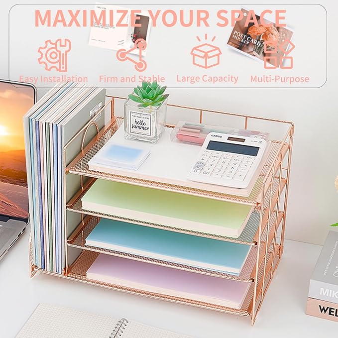 OPNCIE Desk Organizers and Accessories, 4 Tier Paper Letter Tray File Organizer, Office Organization Storage Desk Accessories Workspace Desktop Organizer for Classroom Office Supplies Decor, Rose Gold