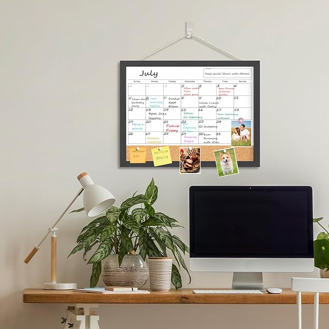 Dry Erase Calendar for Wall, 17"x13" Dry Erase Calendar Cork Board Combo, Magnetic Small White Board with Wood Framed, Hanging Dry Erase Board for Planner Office Kitchen Home Memo