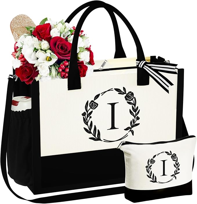 YOOLIFE Christmas Gifts for Women - Initial Canvas Tote Bag & Makeup Bag, Birthday Gifts for Women Her Mom Teacher Friend