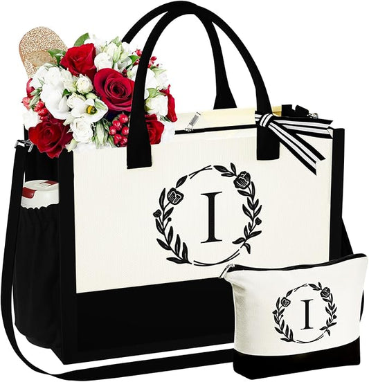 YOOLIFE Christmas Gifts for Women - Initial Canvas Tote Bag & Makeup Bag, Birthday Gifts for Women Her Mom Teacher Friend