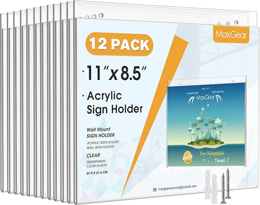MaxGear Wall Mount 8.5x11 inches Acrylic Sign Holder with Mounting Screws, Plastic Clear Acrylic Picture Frame for Home, Office, Store, Restaurant, Landscape (12 Pack)