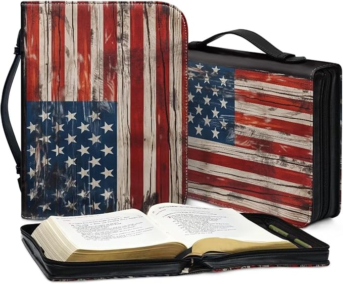Lotusorchid American Flag Print Bible Case for Men, Zippered PU Bible Book Cover with Handle Pocket Portable Bible Cover Case Bible Cover Carrier Carrying Organizer Bag for Women, L