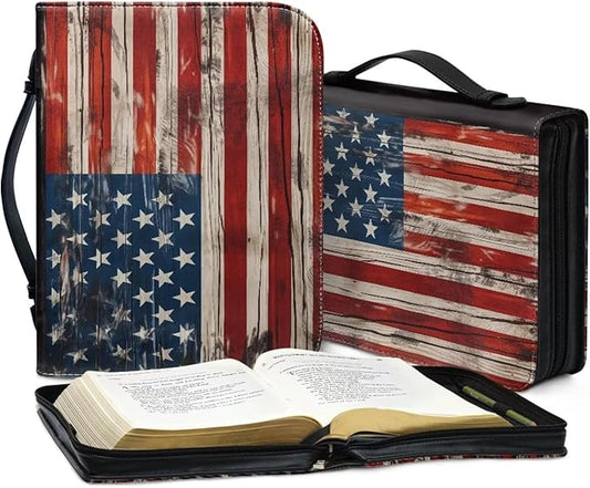 Lotusorchid American Flag Print Bible Case for Men, Zippered PU Bible Book Cover with Handle Pocket Portable Bible Cover Case Bible Cover Carrier Carrying Organizer Bag for Women, 2XL
